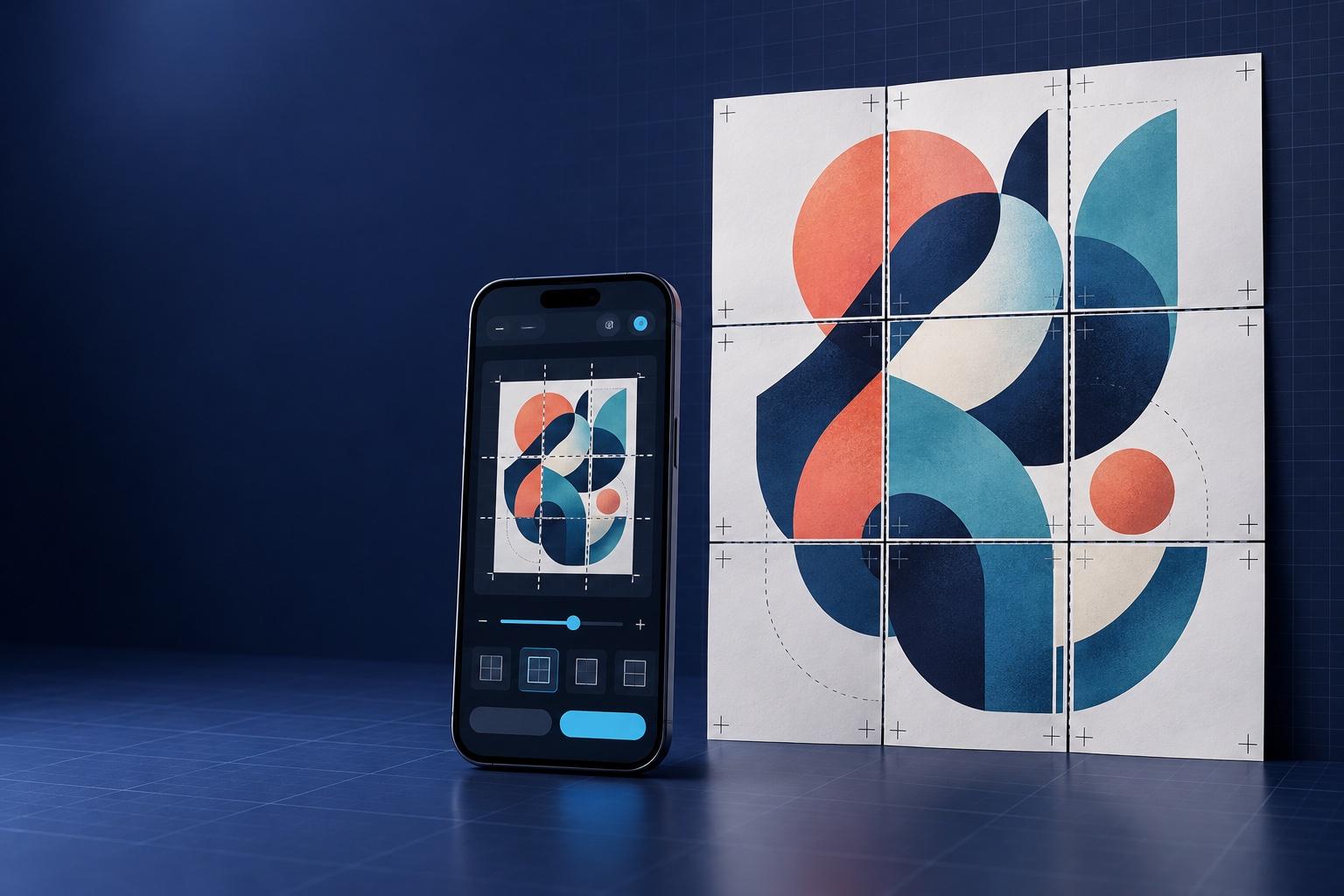 Teléfono con una vista de escala y un diseño dividido en nueve hojas listas para imprimir
